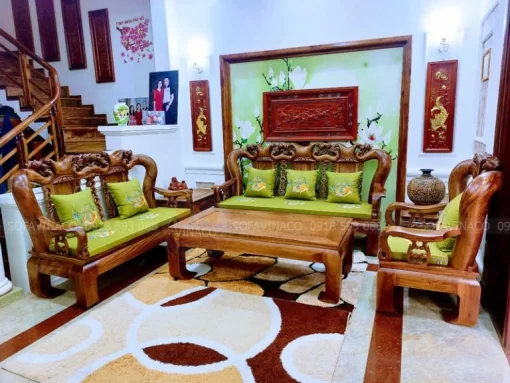 Bộ đệm ghế gỗ thêu hoa xanh rêu