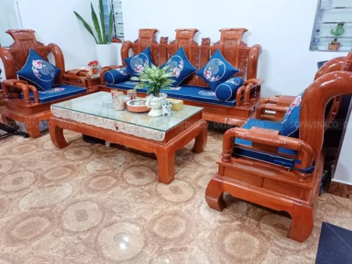 Bộ đệm ghế gỗ thêu hoa xanh lam thêu