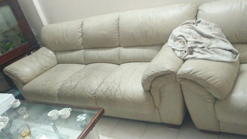 Bộ ghế sofa da thật của anh Hồi đã bị nứt nẻ bạc màu khi chưa sử dụng được lâu