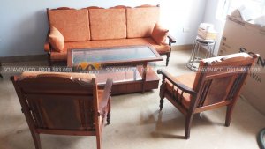 Làm đệm ghế gỗ lim xưa tại La Thành, Ba Đình với vải nỉ nhung màu cam đất tuyệt đẹp