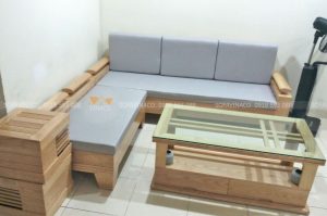 Bộ đệm ghế sofa gỗ L mà Vinaco đã giao đến cho anh Hạnh ở Ecohome Bắc Từ Liêm
