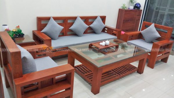 Bộ đệm ghế gỗ màu ghi xanh của anh Thu ở Nguyễn Đức Thuận Gia Lâm