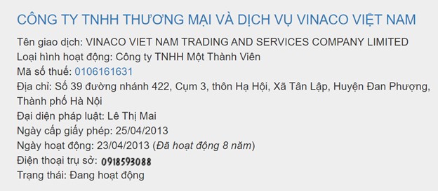 Thông tin Công ty TNHH Thương mại và Dịch vụ Vinaco Việt Nam