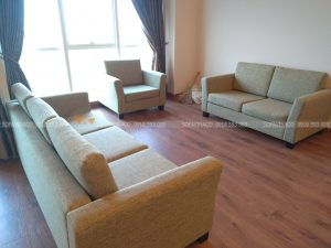 Bọc lại ghế sofa vải nỉ thô xanh mùa thu cho khách tại Ciputra Tây Hồ