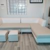 Bộ ghế sofa góc được thay lớp vỏ mới do nhân viên Vinaco thực hiện tại chung cư Đồng Tàu, Hoàng Mai
