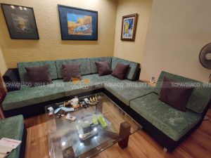 đệm ghế màu xanh rêu kết hợp cung gối màu nâu