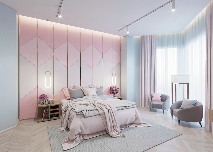 Căn phòng ngủ với gam màu hồng phần kết hợp với màu xanh baby nhẹ nhàng