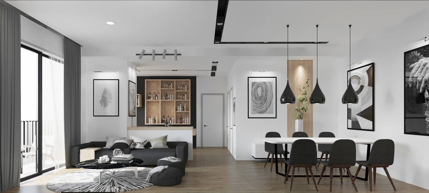 Thiết kế nội thất đơn giản, hiện đại với gam màu đen giúp cho phòng khách thêm thoáng và cởi mở hơn
