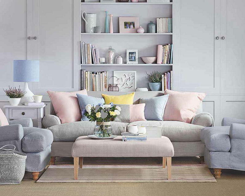 Sự kết hợp hài hòa giữa các gam màu Pastel tạo điểm nhấn độc đáo cho không gian phòng khách