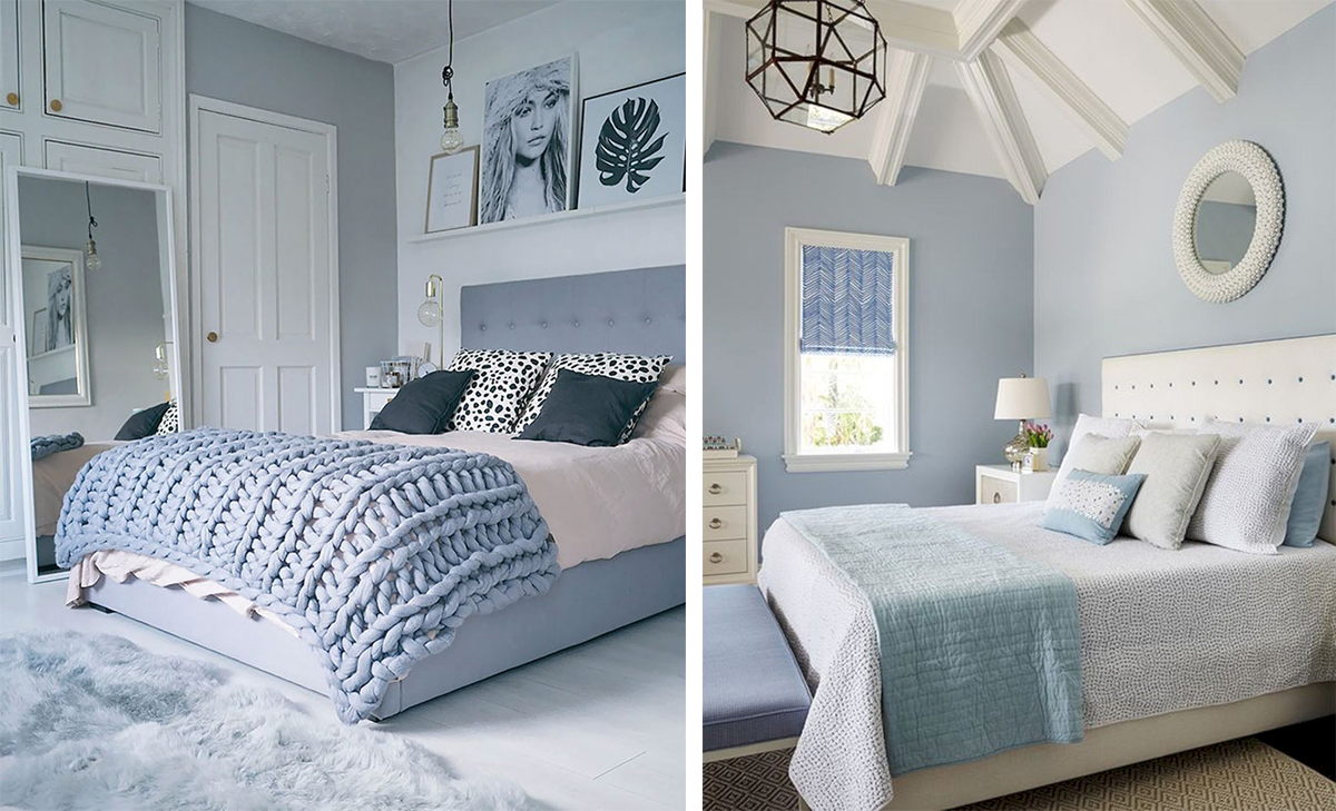Phòng ngủ được thiết kế với gam màu xanh mát dịu