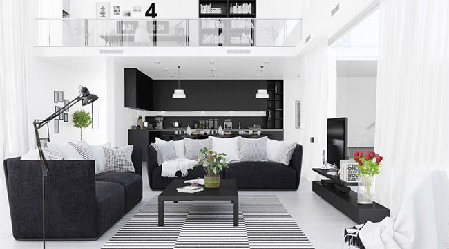 Sự kết hợp giữa hai màu tương phản trắng- đen đêm đến cho không gian phòng khách thêm đẹm và ấn tượng hơn