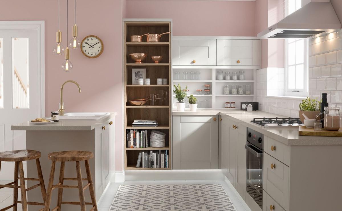 Không gian phòng bếp với gam màu hồng phấn thêm năng động