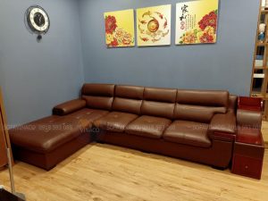Bộ ghế sofa góc da của anh An tại chung cư Tân Tây Đô đã bọc xong