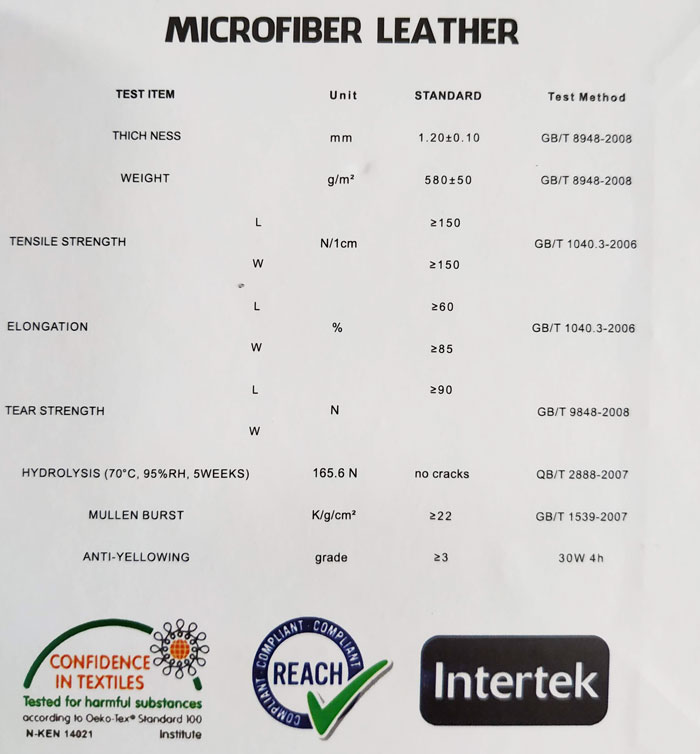 Thông số cụ thể của mẫu da Microfiber