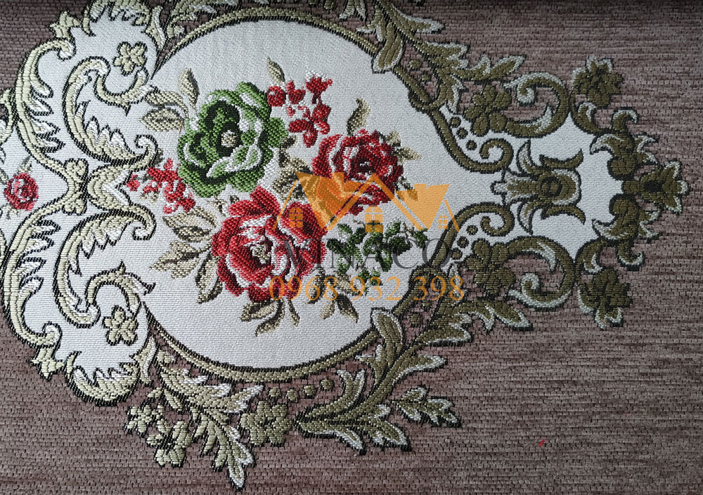 Mẫu vải nền nâu thêu họa tiết hoa hồng 