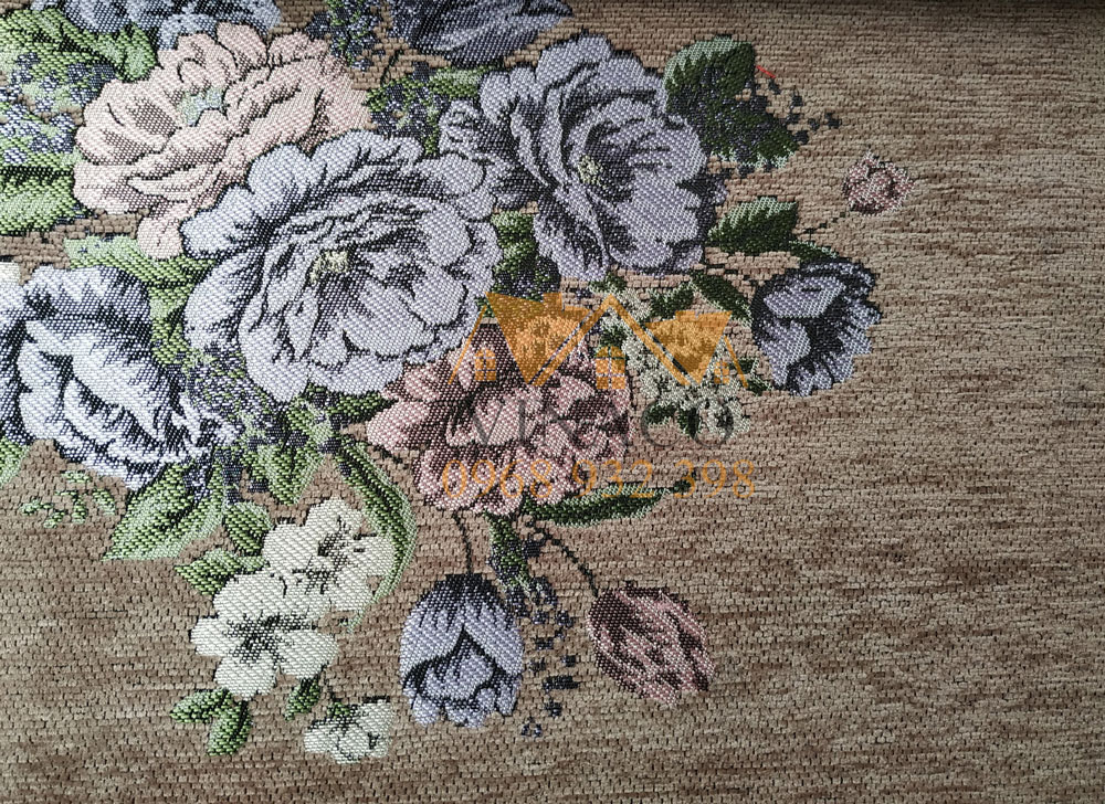 Mẫu vải nền nâu thêu họa tiết hoa hồng 
