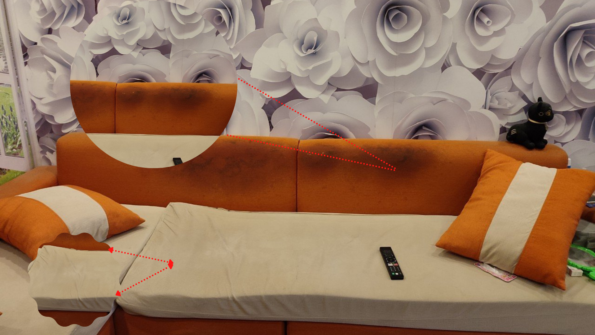 Hình ảnh nguyên trạng của bộ sofa của khách tại Trung Văn đnag gặp phải những vết bẩn bám đen và phần vỏ nhão