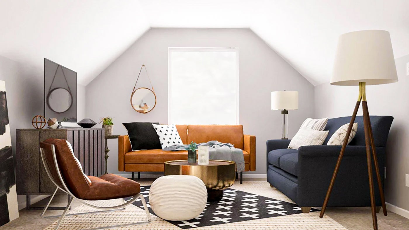 Sofa văng kê theo kiểu chữ L với gam màu cam đi kèm với gam màu xanh phù hợp với không gian
