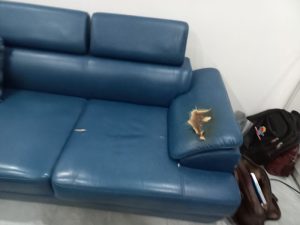 Phần da ở đệm ngồi đã bị móc thủng rất nhiều và tay ghế bị rách mảng lớn