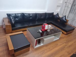 Đệm ghế gỗ L bọc da cho khách hàng ở Nhật Tảo, Đông Ngạc