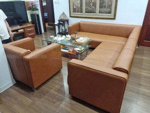 Bộ sofa đã được bọc da mới màu nâu vàng siêu đẹp