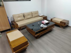 Hoàn thiện bộ đệm da ghế sofa gỗ tại Cầu Giấy Hà Nội