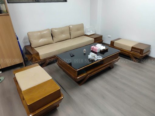 Hoàn thiện bộ đệm da ghế sofa gỗ tại Cầu Giấy Hà Nội
