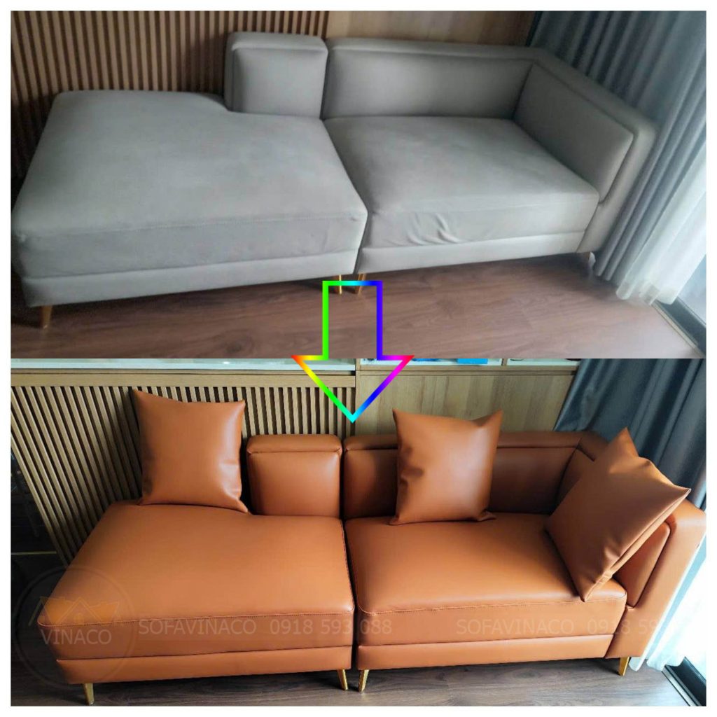 Bộ ghế sofa dùng lâu đã bị ố màu nên chủ nhà quyết định bọc lại bằng Da công nghiệp và đổi màu ghế thay đổi không gian sống