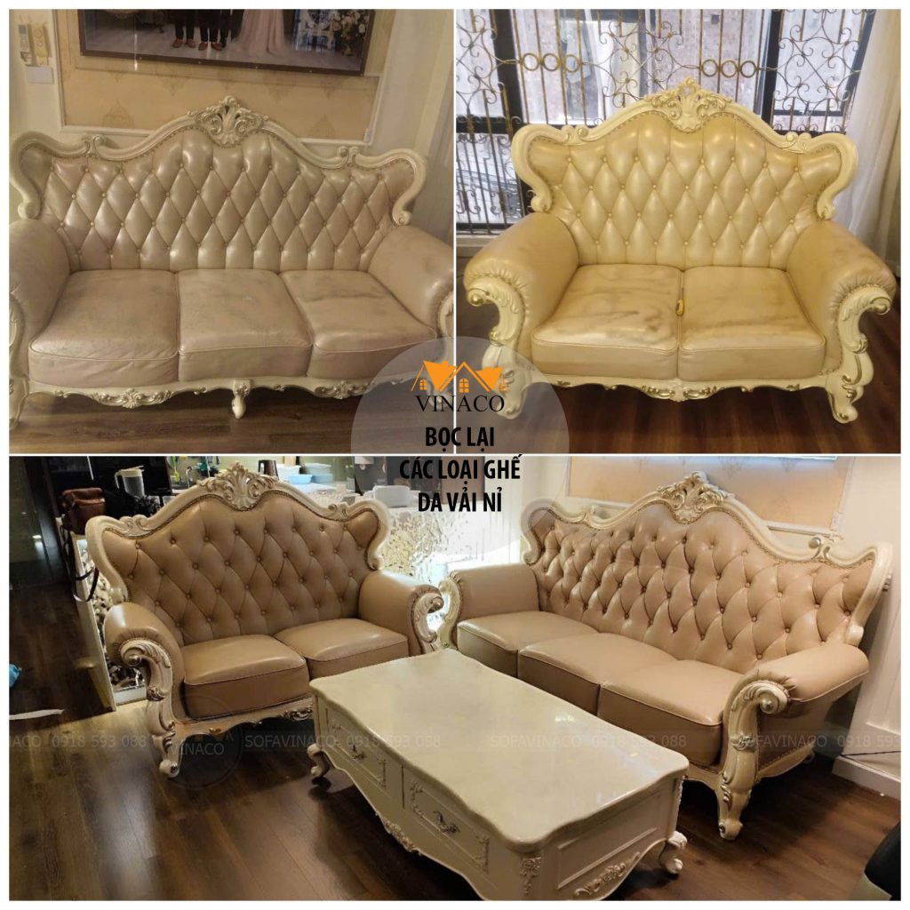 Bộ ghế sofa Tân Cổ Điển trước và sau khi được may vỏ đệm ghế và bọc lại tại nhà Hà Nội