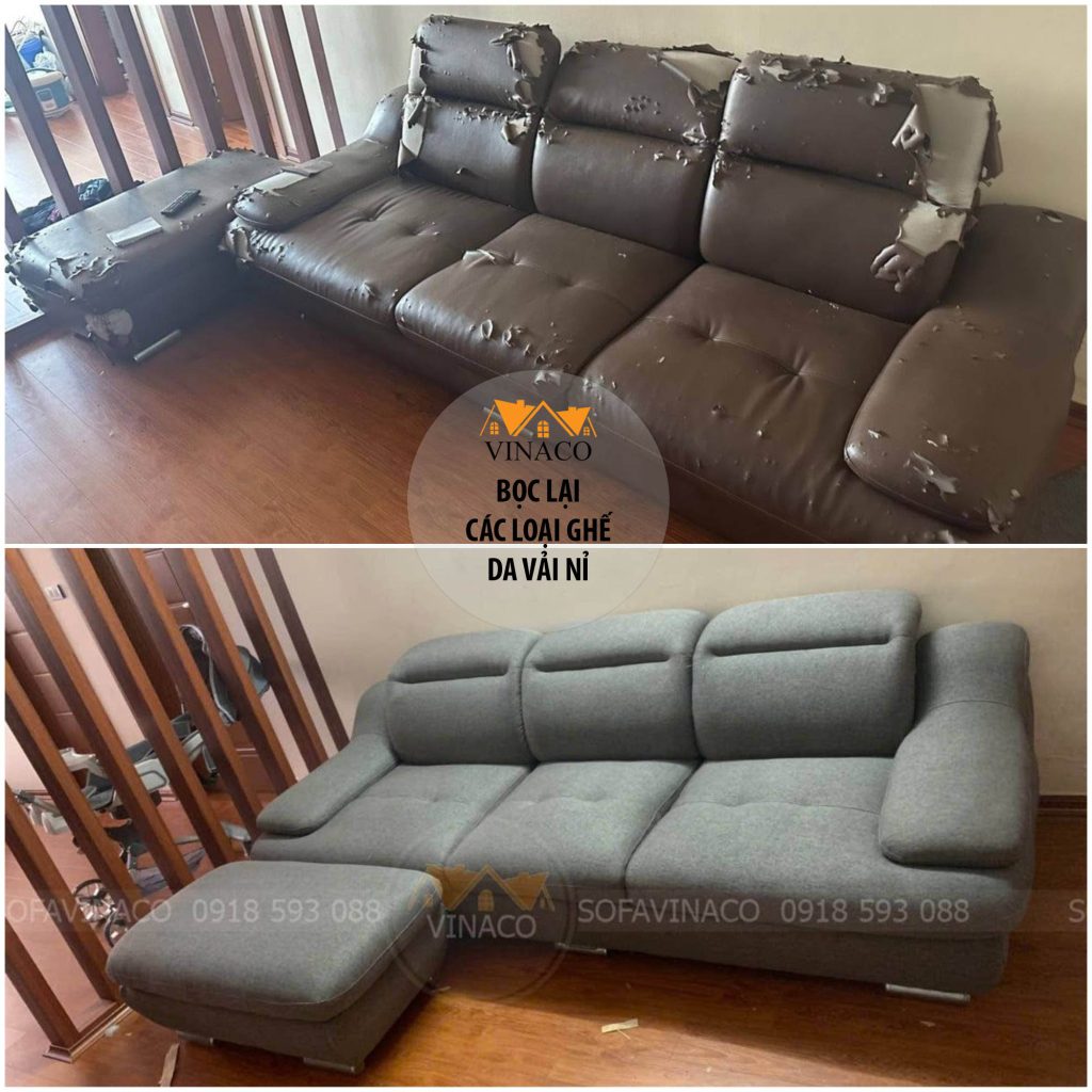 Bộ ghế sofa trước và sau khi bọc lại bộ ghế sofa tại nhà khách hàng tại Linh Đàm