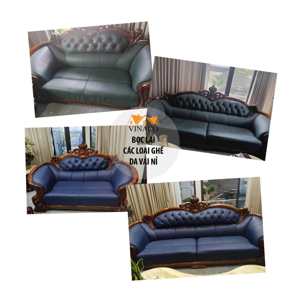 Bộ ghế sofa tân cổ điển trước và sau khi bọc lại tại nhà khách hàng ở Vĩnh Phúc
