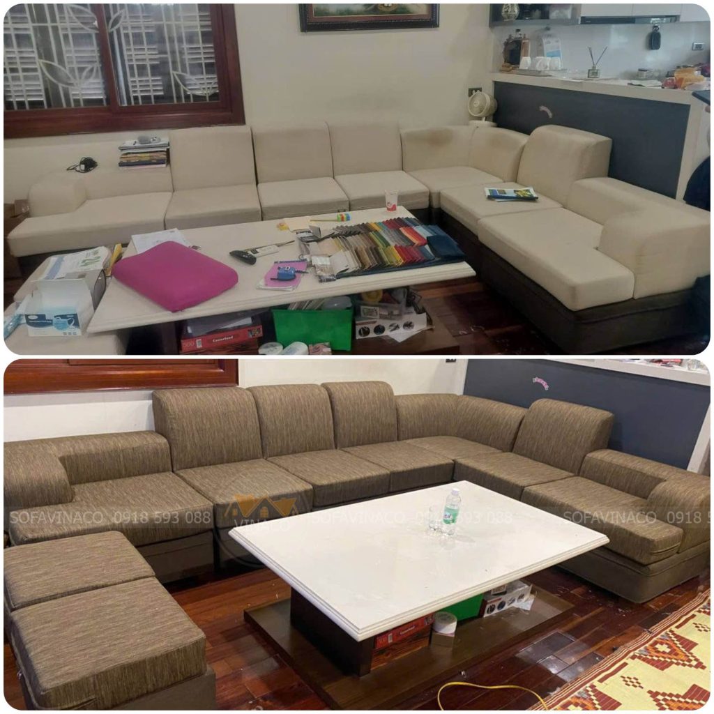 Bộ ghế sofa L trước và sau khi bọc tại nhà khách hàng