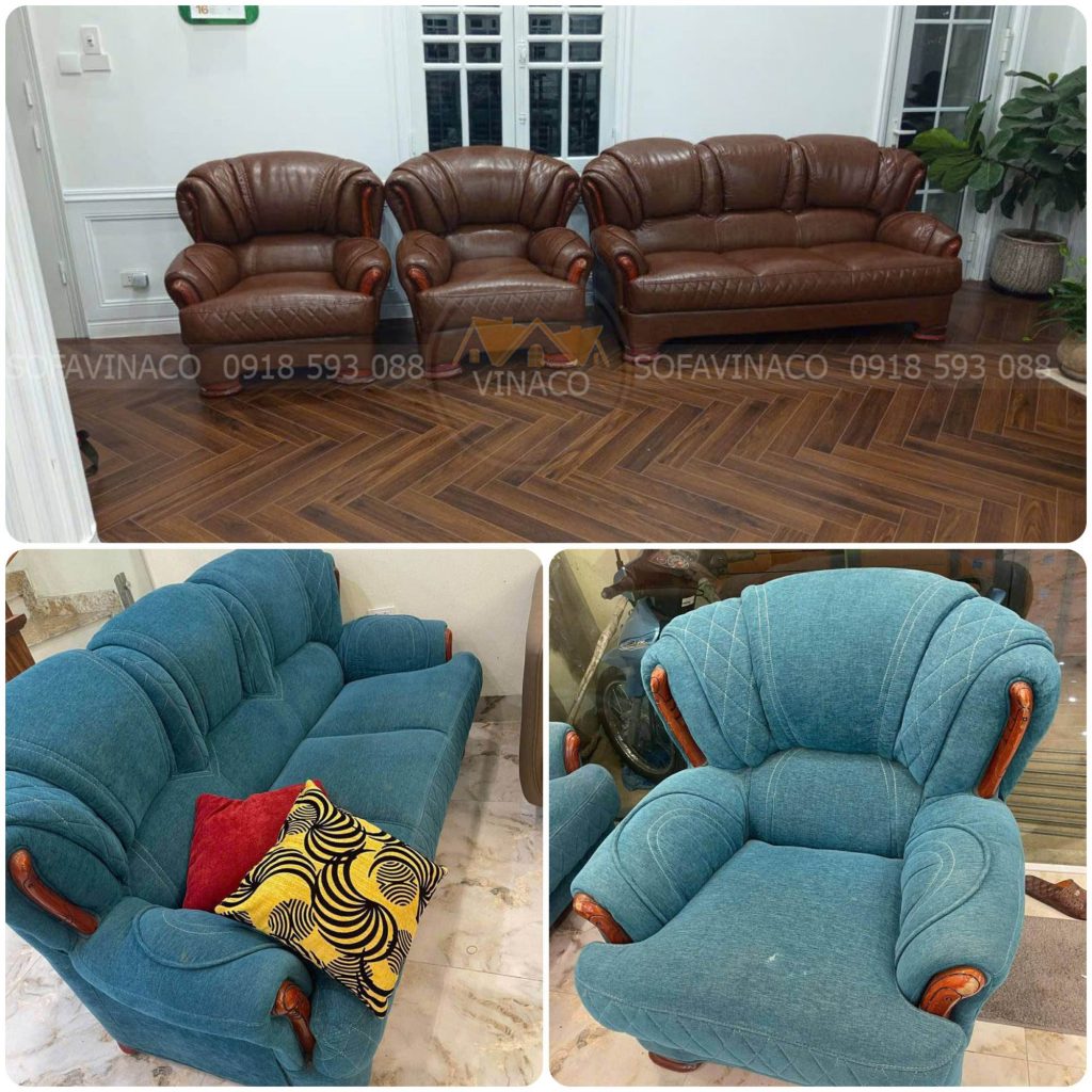 Hiện trạng bộ ghế sofa trước và sau khi bọc lại từ vải sang da