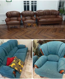 Hiện trạng bộ ghế sofa trước và sau khi bọc lại từ vải sang da