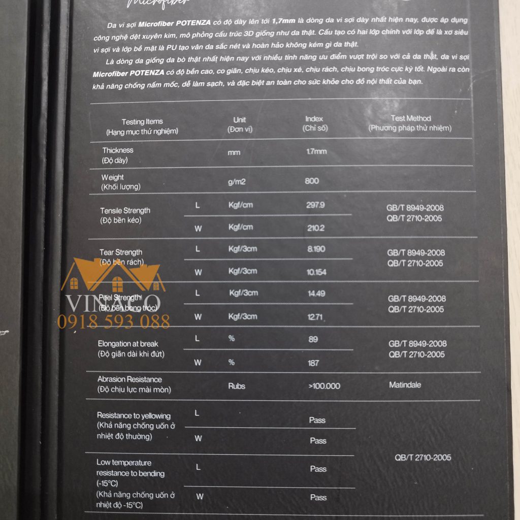 Thông số kỹ thuật mẫu da vi vơi microfiber potenza