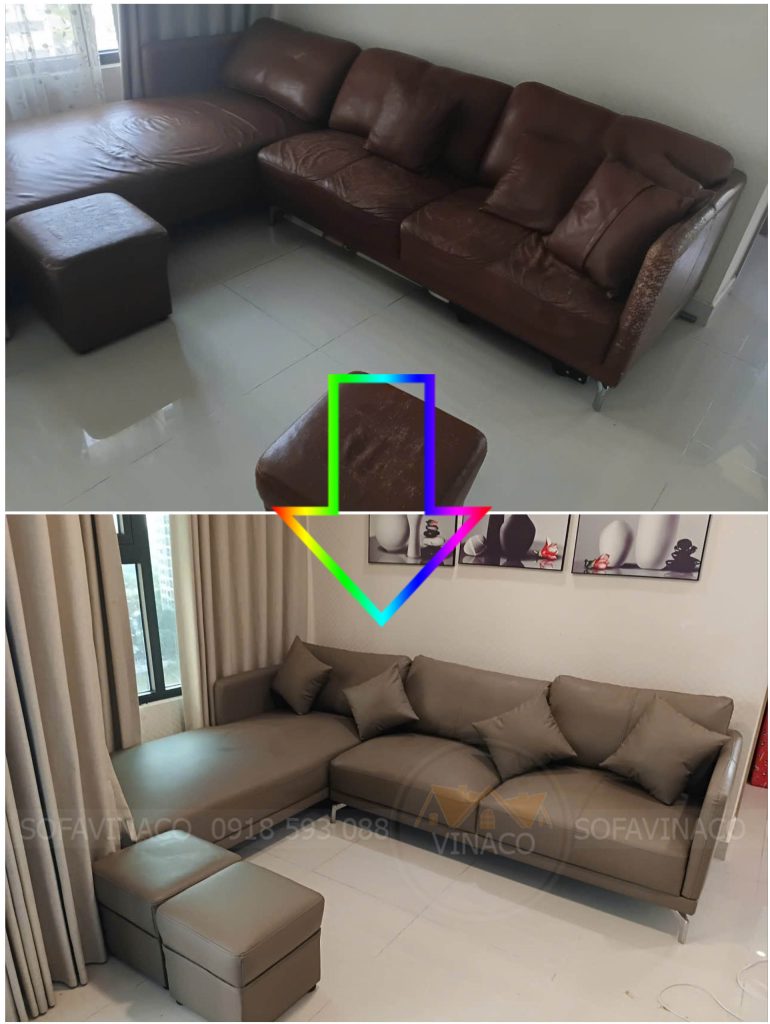Bộ ghế sofa trước và sau khi bọc lại tại nhà khách hàng