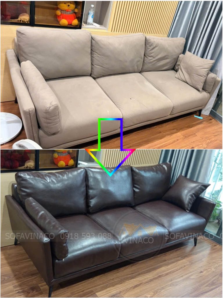 Toàn cảnh trước và sau khi bọc lại sofa từ vải sang da