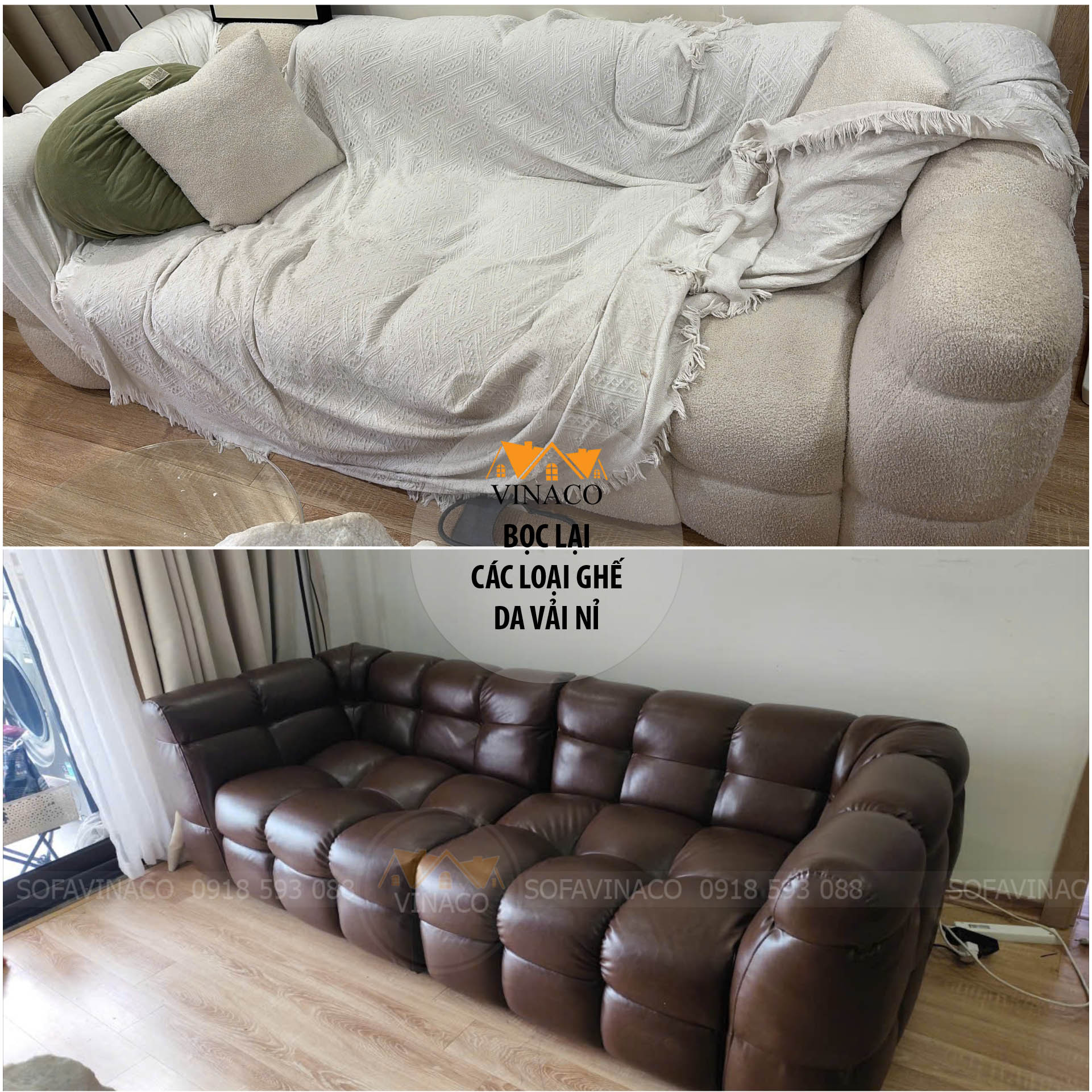 Sofa trước và sau khi bọc lại từ vải sang da