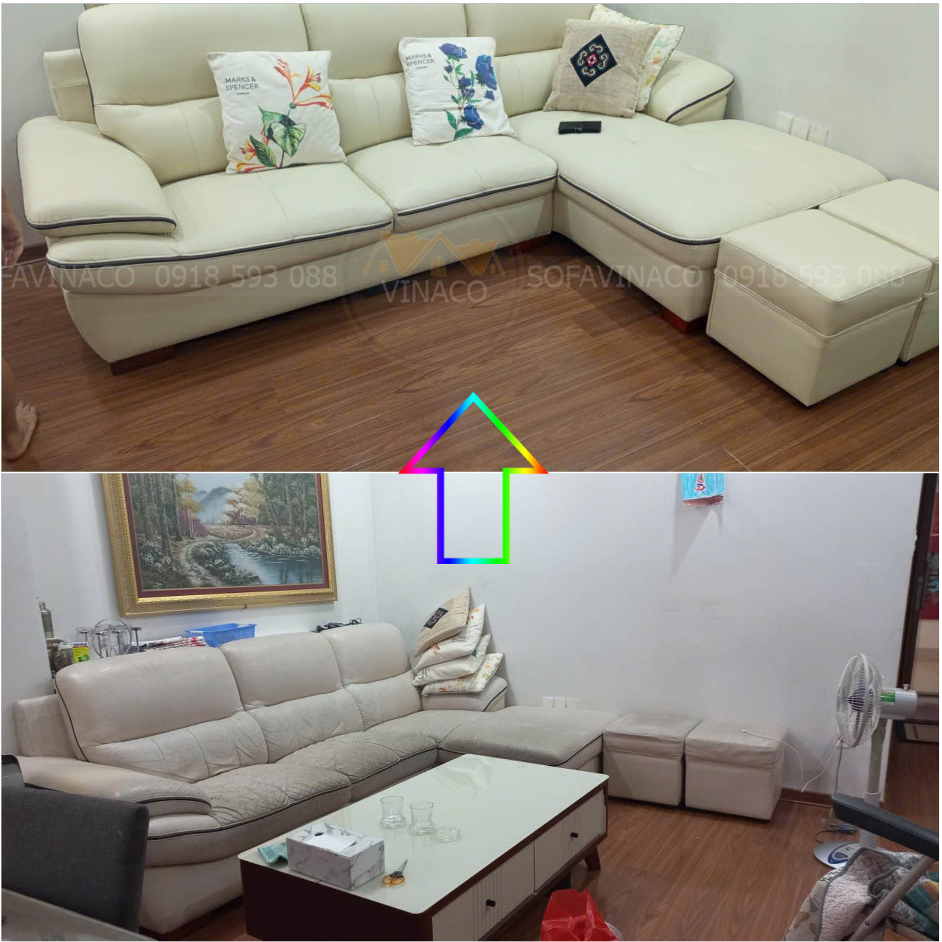 Hình ảnh trước và sau của bộ sofa sau khi bọc xong