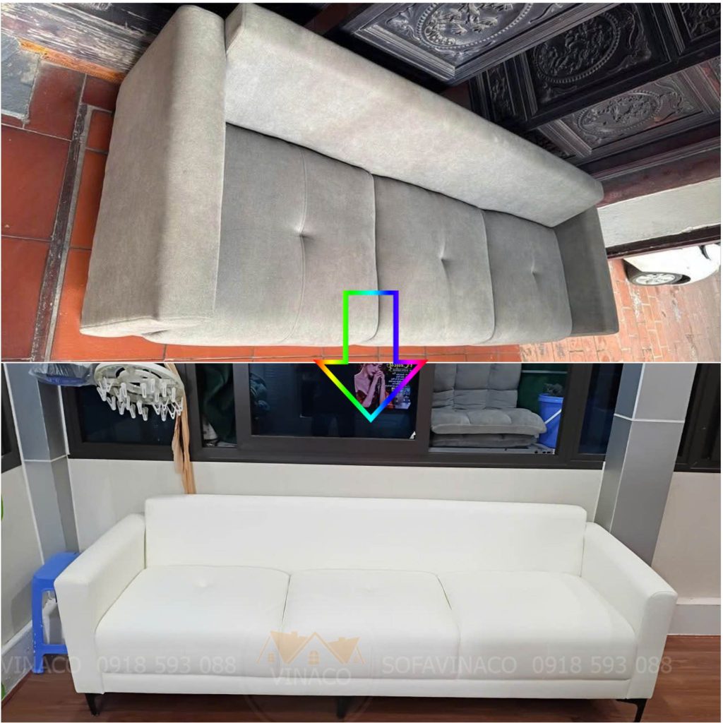 hình ảnh trước và sau khi bọc lại sofa vải bằng da siêu đẹp