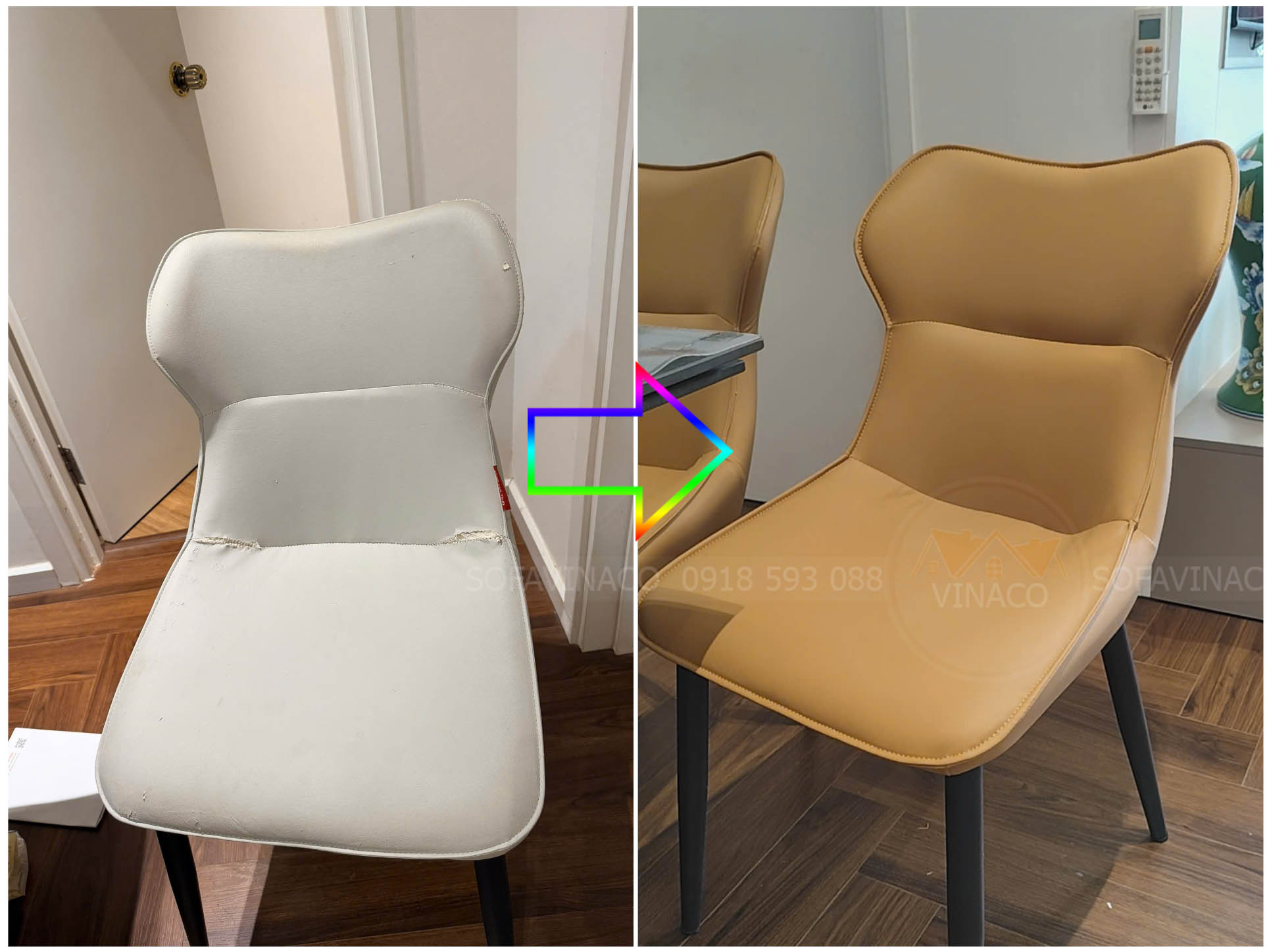ghế ăn bị rách và bong da sau khi được bọc lại