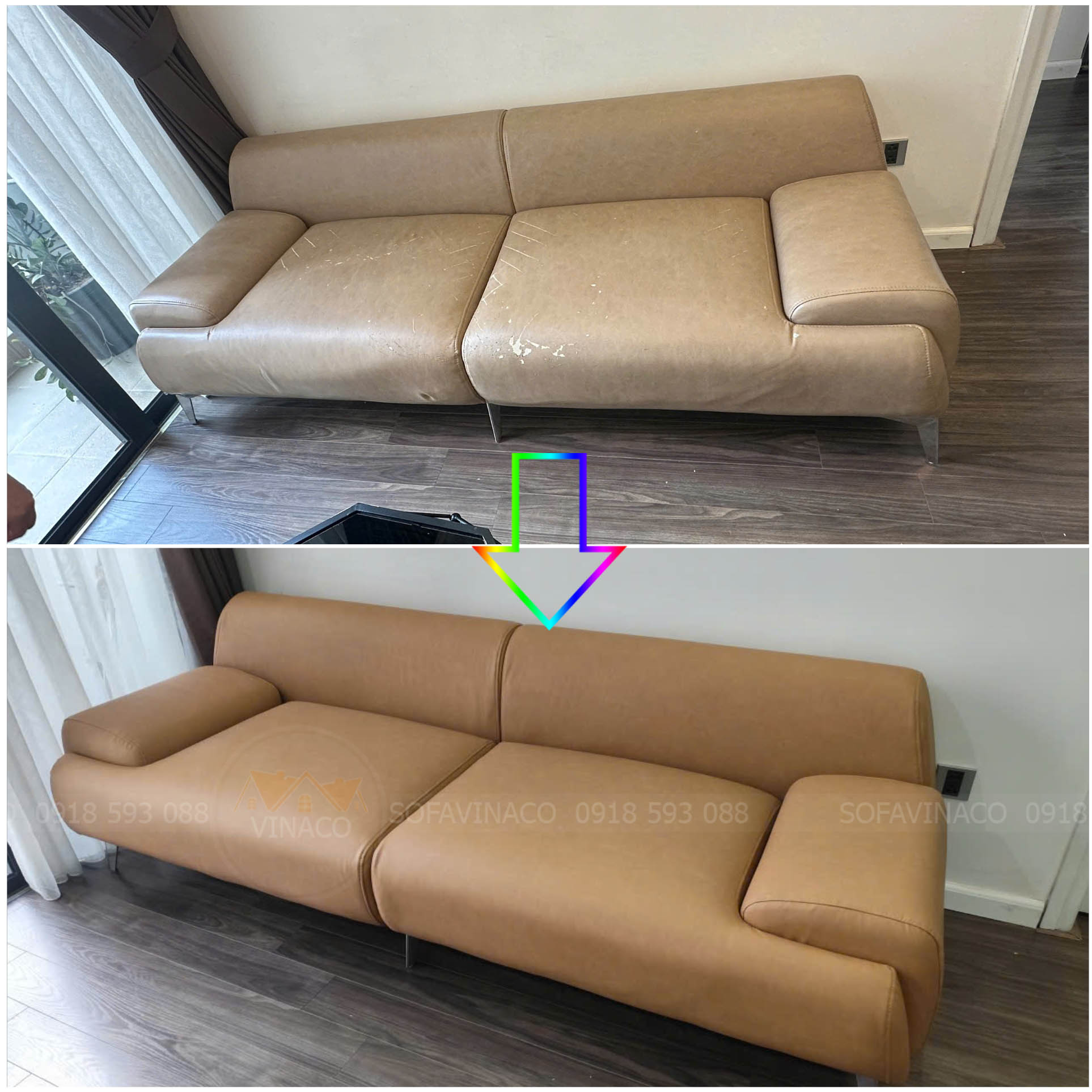 Hiện trạng trước và sau khi bọc lại bộ ghế sofa da
